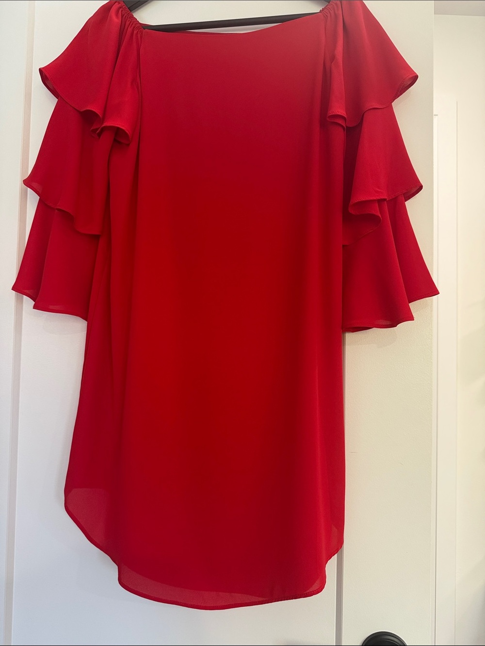 Joseph Ribkoff Bold Red Layered Ruffle Sleeve off the shoulder dress
